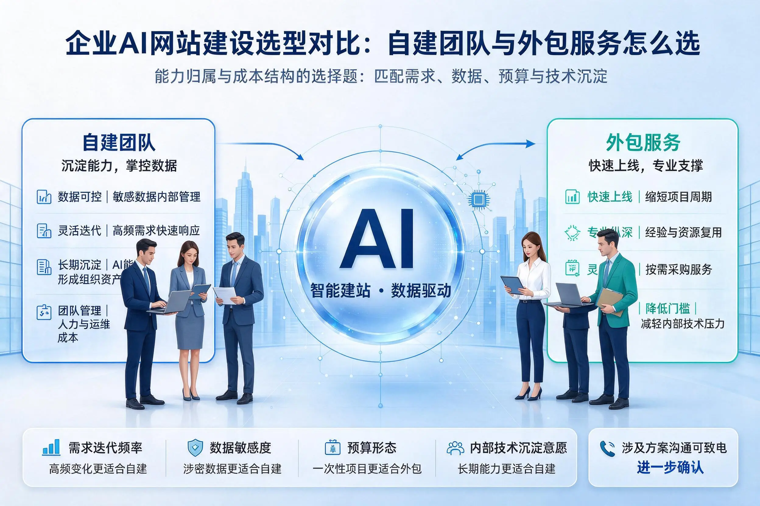 葫芦岛企业AI网站建设选型对比：自建团队与外包服务怎么选